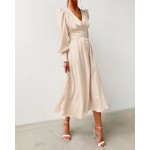 Puffed sleeve long button-down dress