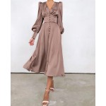 Puffed sleeve long button-down dress