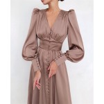 Puffed sleeve long button-down dress