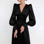 Puffed sleeve long button-down dress