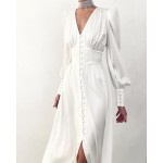 Puffed sleeve long button-down dress