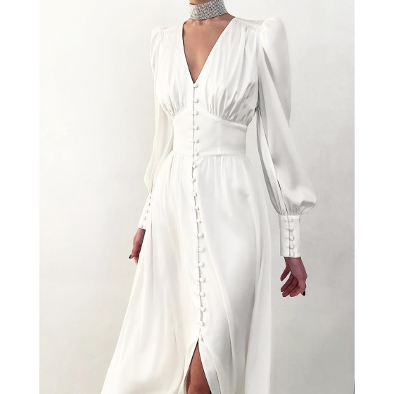 Puffed sleeve long button-down dress