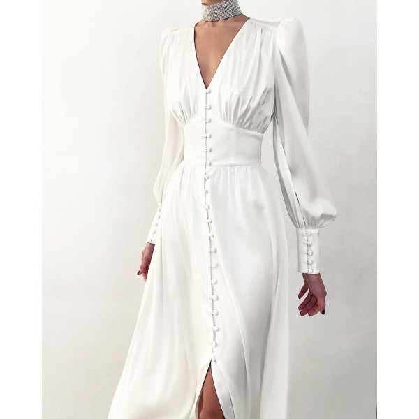 Puffed sleeve long button-down dress