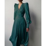 Puffed sleeve long button-down dress