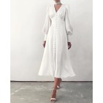 Puffed sleeve long button-down dress