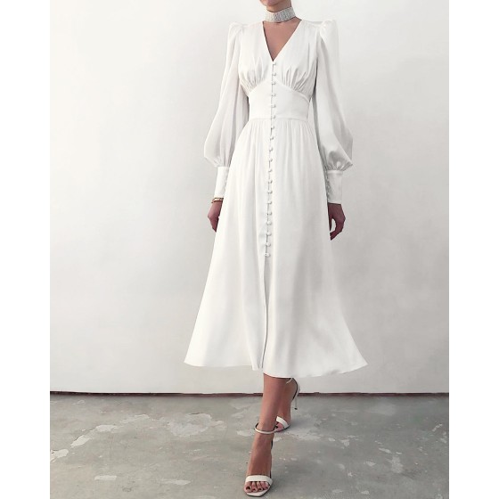 Puffed sleeve long button-down dress