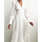 Puffed sleeve long button-down dress